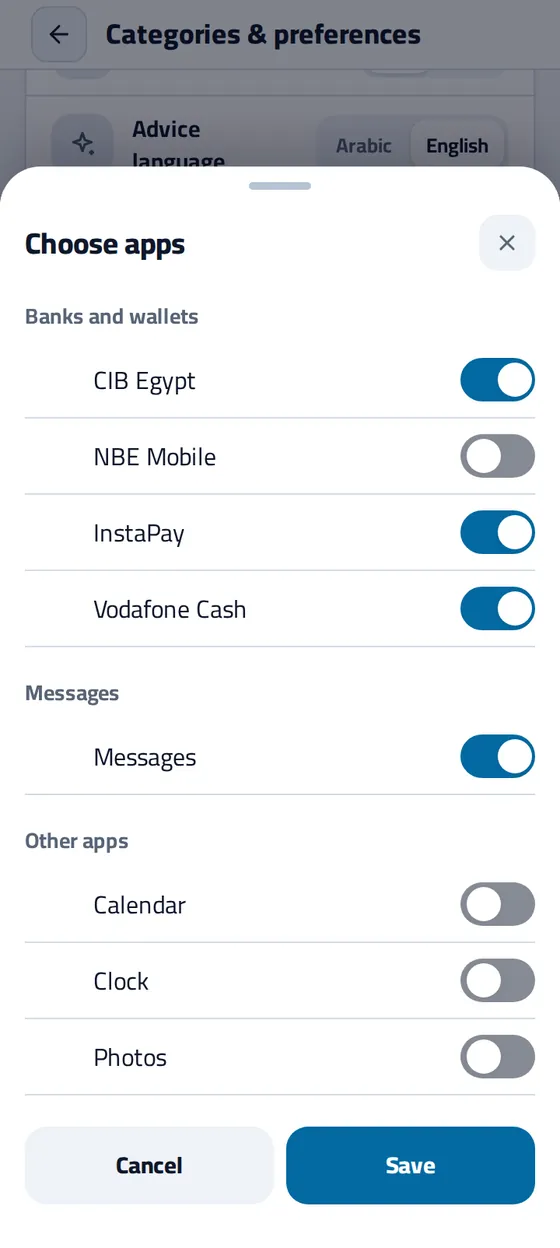 The Choose apps list in Masareefy: banks and wallets first, then the messages app, then other apps, each with a switch you turn on yourself