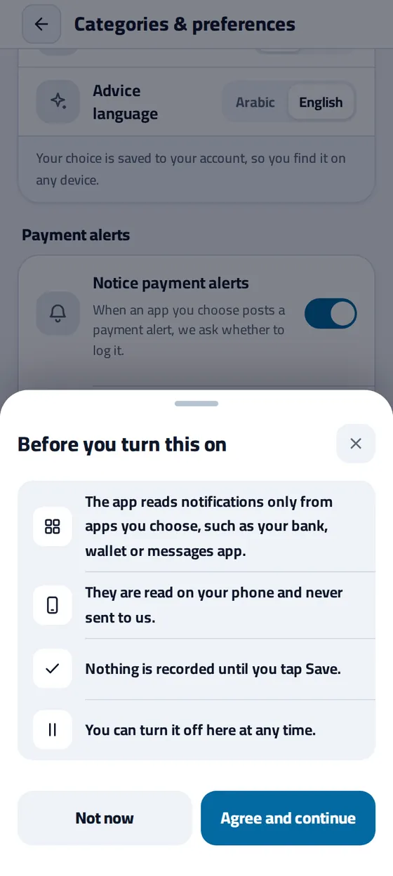 The Before you turn this on sheet in Masareefy: the app reads notifications only from apps you choose, they are read on your phone and never sent to us, nothing is recorded until you tap Save, and you can turn it off at any time