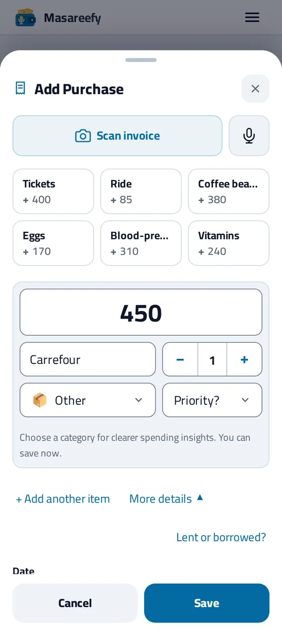 The Add Purchase sheet in Masareefy after tapping a payment alert question: Carrefour, 450 EGP and today's date, waiting for Save