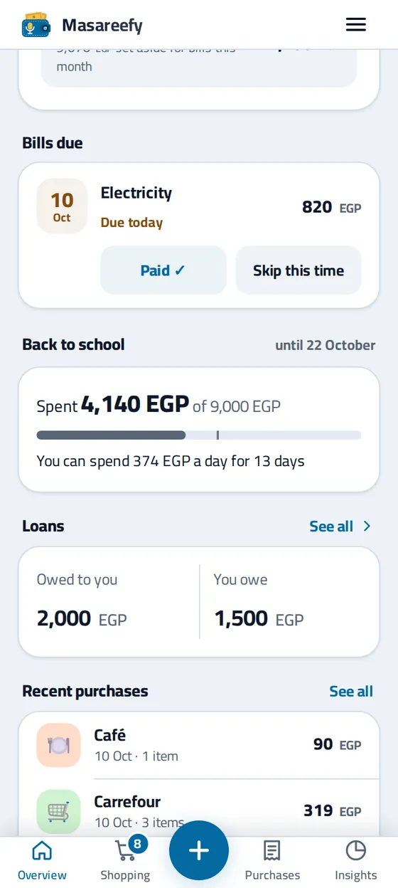 The electricity bill due today under Bills due on the Overview, with Paid and Skip this time