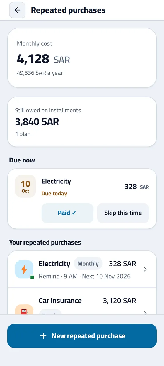 Bills and instalments in the Masareefy app