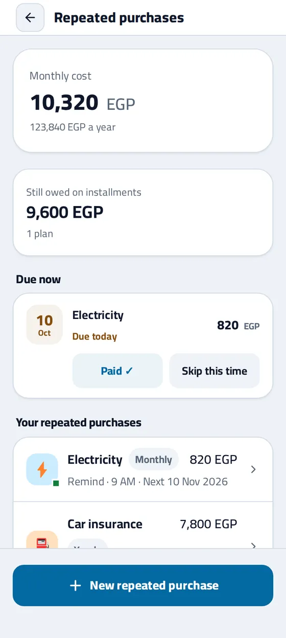 The Repeated purchases screen in the Masareefy app: their cost a month and a year, what is still owed on instalments, a bill due today, then every bill with how often it repeats and its next date