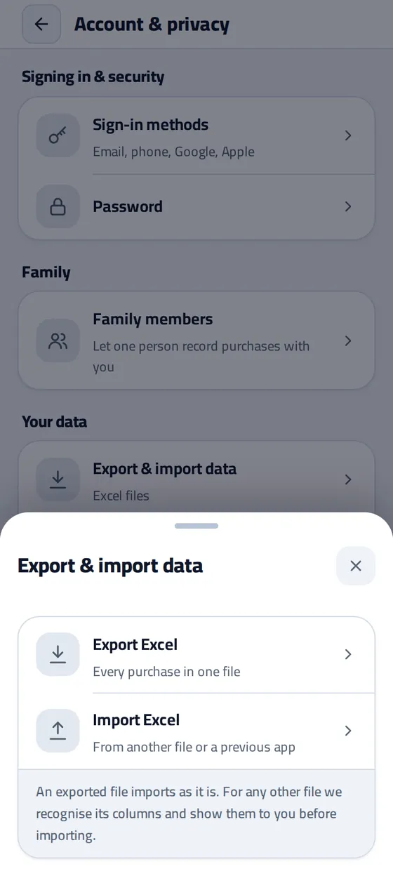 The Export & import data sheet in Masareefy: Export Excel, every purchase in one file, and Import Excel, from another file or a previous app