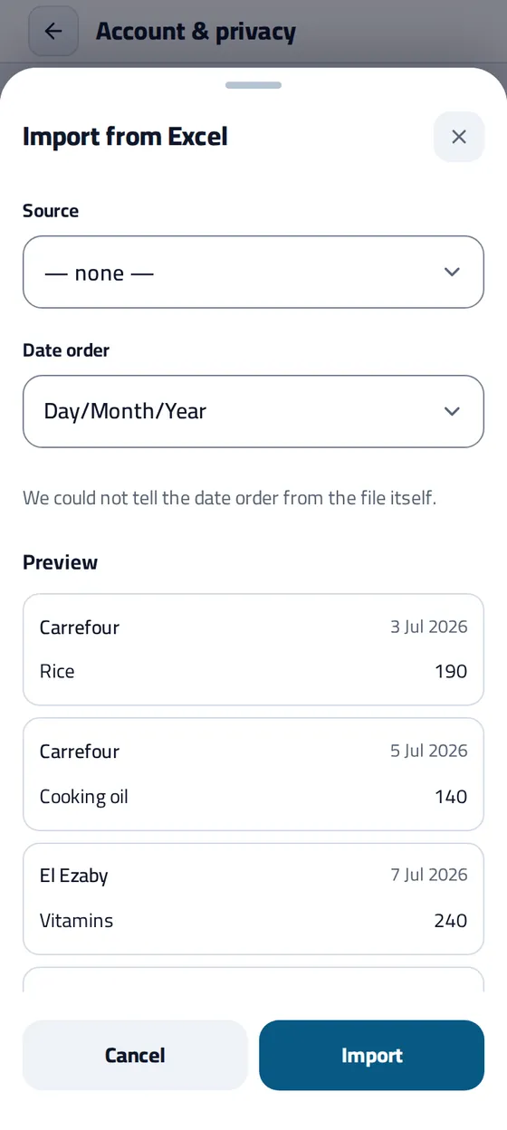 The import preview in Masareefy: date order Day/Month/Year, and the first rows as they will be recorded: Carrefour, Rice 190, 3 Jul 2026