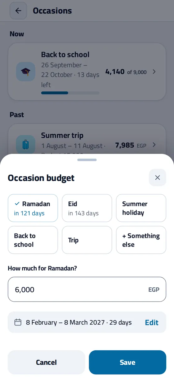 The Occasion budget sheet in Masareefy: Ramadan in 126 days, 6,000 EGP, and its dates, 8 February to 8 March 2027, 29 days