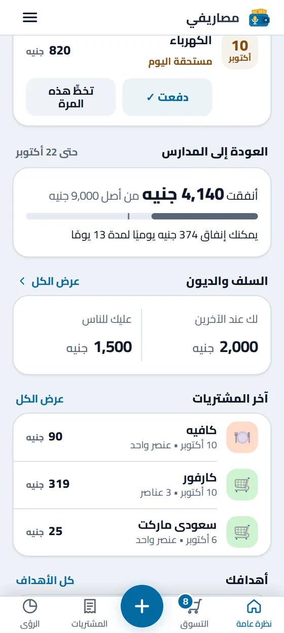 النظرة العامة في تطبيق مصاريفي: فاتورة الكهرباء مستحقة اليوم، وميزانية «العودة إلى المدارس»، وبطاقة «السلف والديون»: لك عند الآخرين ٢٬٠٠٠ جنيه وعليك للناس ١٬٥٠٠