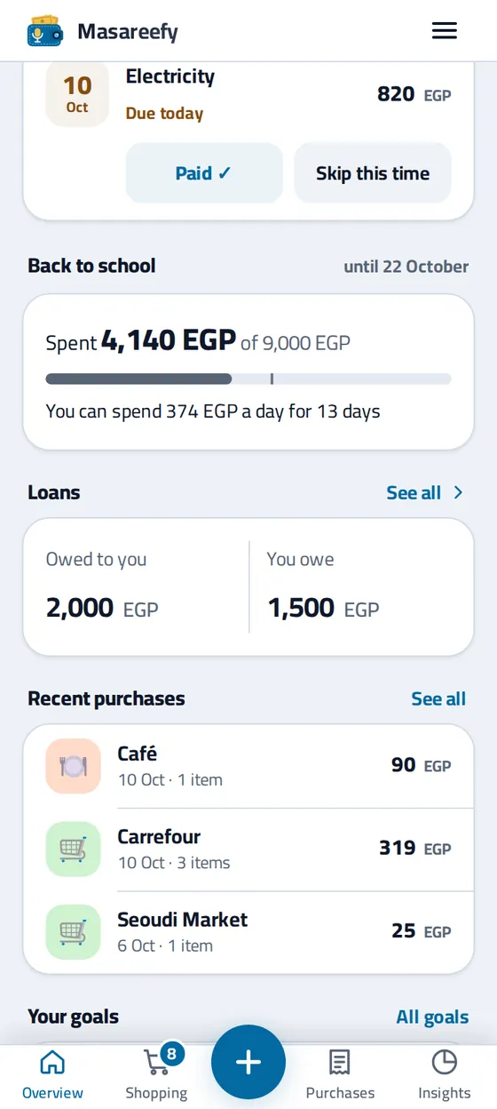 The Overview in Masareefy: the electricity bill due today, the Back to school budget, and the Loans card: 2,000 EGP owed to you and 1,500 you owe
