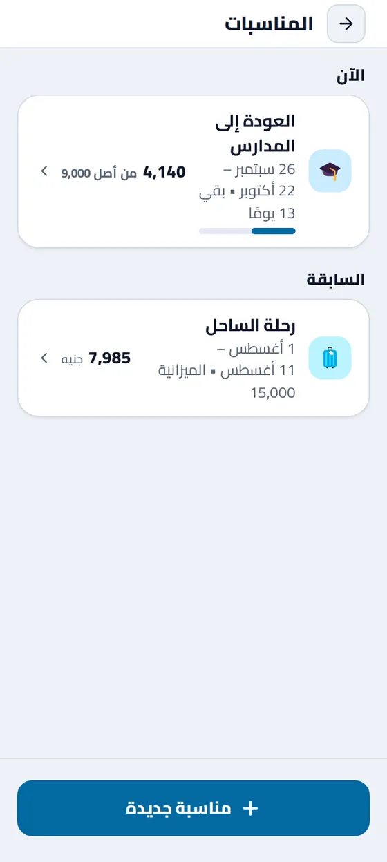 صفحة «المناسبات» في تطبيق مصاريفي: «العودة إلى المدارس» الآن بـ٤٬١٤٠ جنيهًا من أصل ٩٬٠٠٠ وبقي ١٣ يومًا، وتحتها مناسبة سابقة هي رحلة الساحل