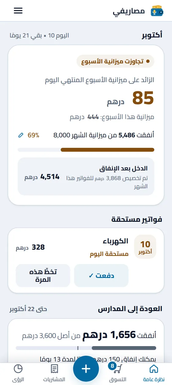 شاشة النظرة العامة على الشهر في تطبيق مصاريفي