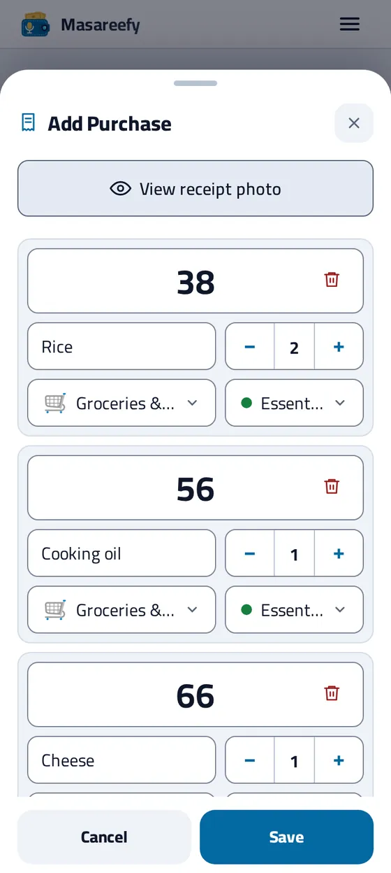 The Add Purchase sheet in the Masareefy app after a receipt photo is read: each line with its quantity, price in AED and category, ready to check before you save