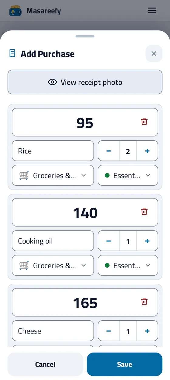 The add-purchase sheet after reading a receipt photo: each line with its quantity, price and category, ready to check