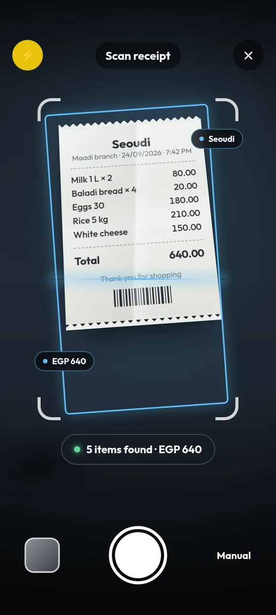Reading a receipt with the phone camera in the Masareefy app