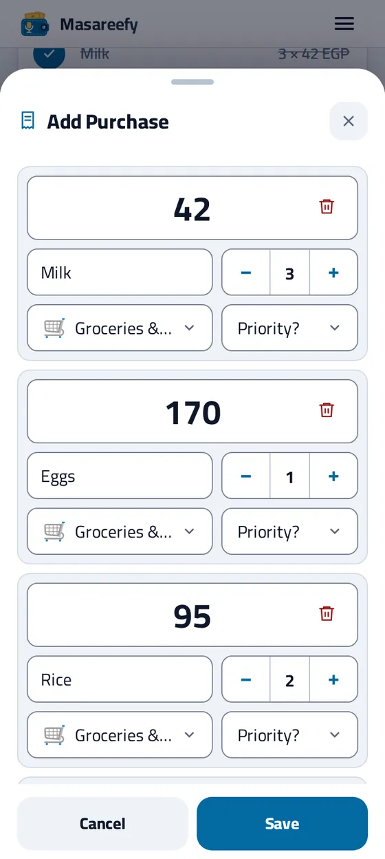 The ticked list items in the Add Purchase sheet, ready to review and save