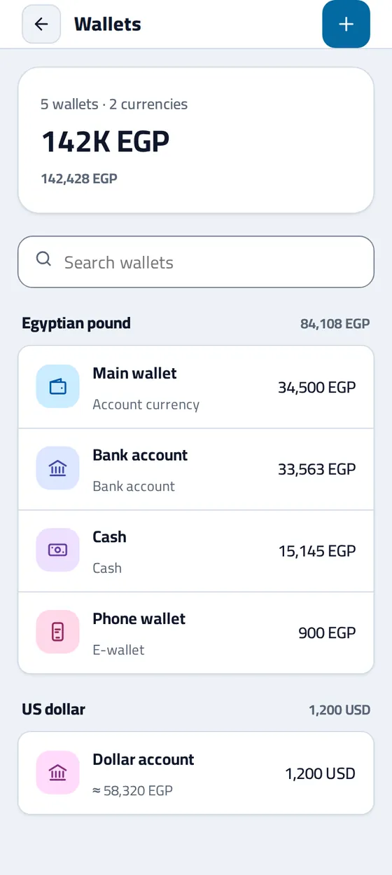 The Wallets page in the Masareefy app: each wallet's balance in its own currency, grouped by currency, under their approximate total in pounds